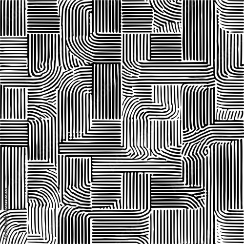 Abstract black and white pattern featuring geometric shapes and curved lines in a complex arrangement