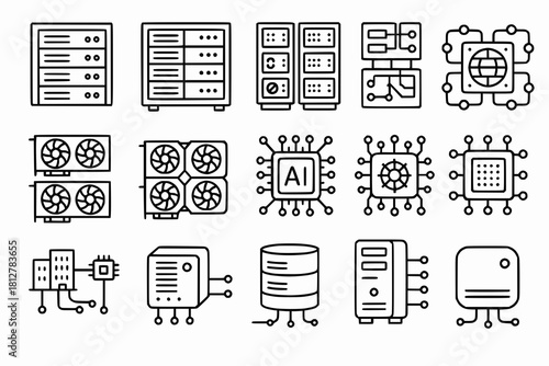 AI Infrastructure Icons with Server Racks, GPU Clusters, Quantum Processors and Edge Computing Nodes in Black Vector Style on White Background