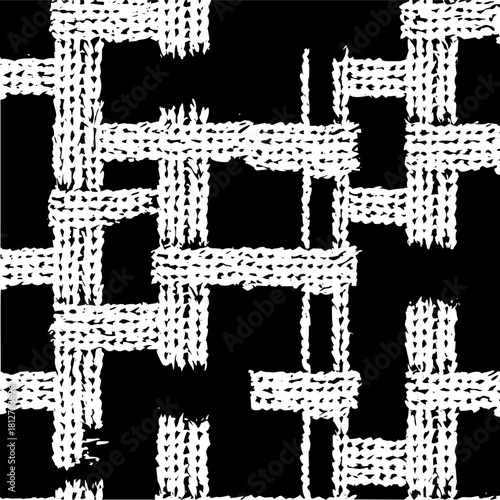 Abstract black and white pattern with textured intersecting lines forming square shapes throughout the image
