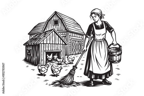 Woman sweeping near barn with chickens