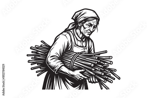 Elderly woman carries bundle of firewood