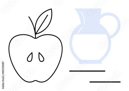 Outline apple with seeds and leaf beside translucent water pitcher and horizontal lines. Ideal for health, nutrition, food, hydration, simplicity, minimalism, healthy lifestyle. Simple flat metaphor