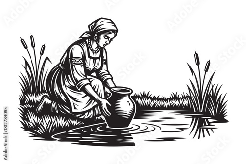 Woman fetching water from a pond with a jug in a rustic setting