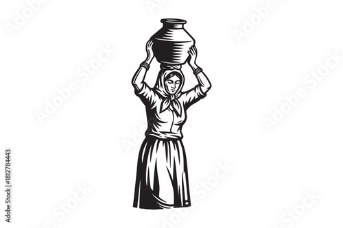 Woman carrying water pot on head in woodcut style