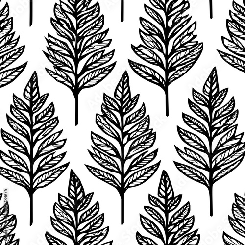 Seamless pattern of stylized fern leaves in black and white creating a dense botanical arrangement design