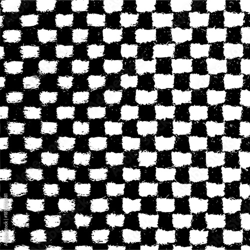Distorted checkerboard pattern with rough edges in black and white creating an abstract design look