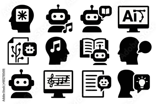 AI Creativity Icons with Generative Art, Music Composition, Storytelling Bots and Design Assistants in Bold Black Shapes on White Background