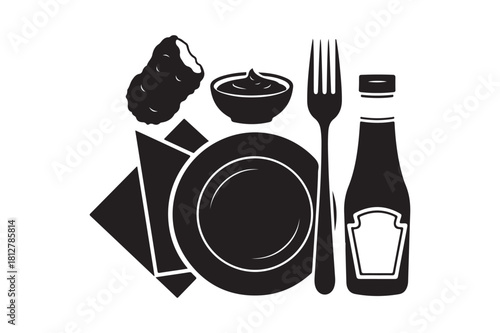 Silhouette of a meal with plate fork napkin and condiments