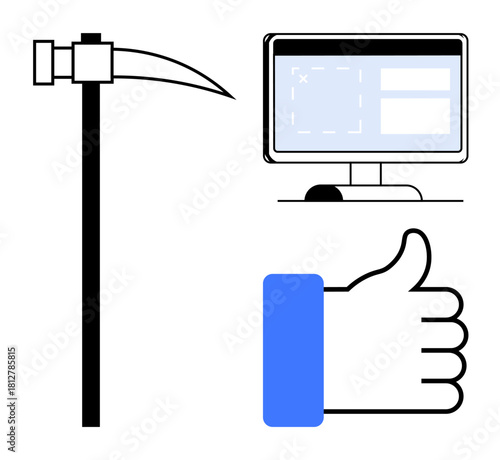 Digital workflow. A monitor s technological processes, a pickaxe data mining, and a thumbs-up highlights feedback in digital workflow. Ideal for tech, productivity, and data analysis