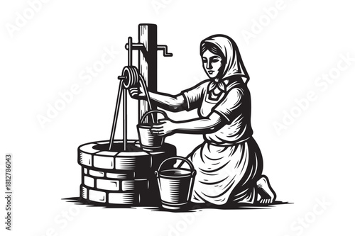 Woman drawing water from a well with a bucket and pump