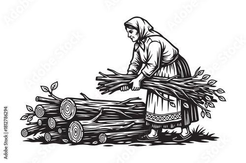 Woman gathering firewood in a rural setting