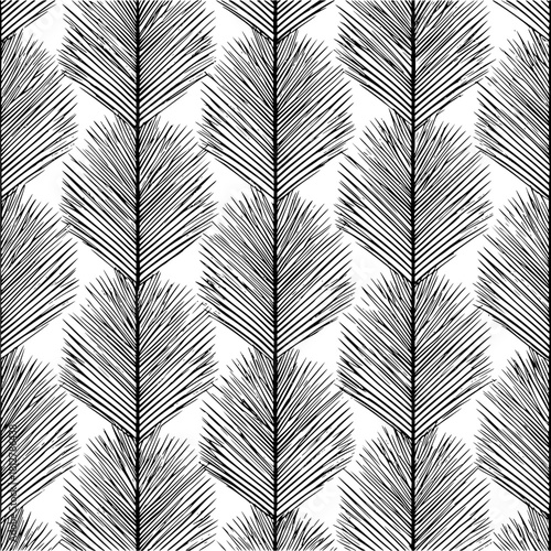 Black and white seamless pattern of stylized palm leaves arranged in a geometric fashion design repeat