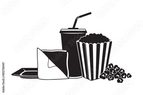 Classic movie theater snacks popcorn drink and candy illustration