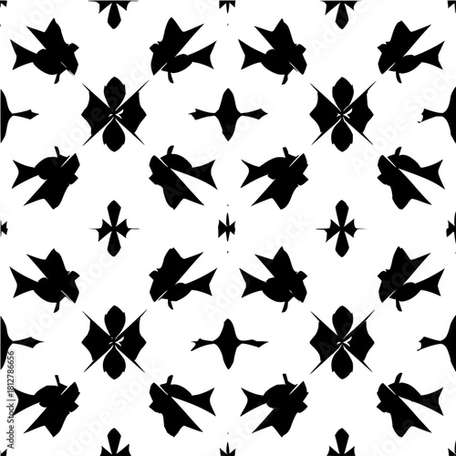 Repeating pattern of stylized birds crosses and floral shapes in black and white design elements style