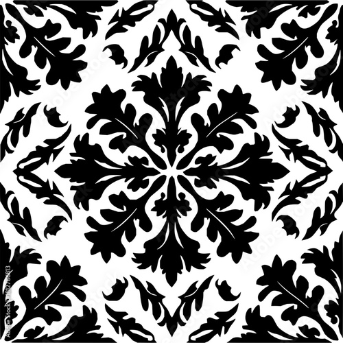 Floral damask pattern in black and white with symmetrical leaf arrangements and decorative elements design