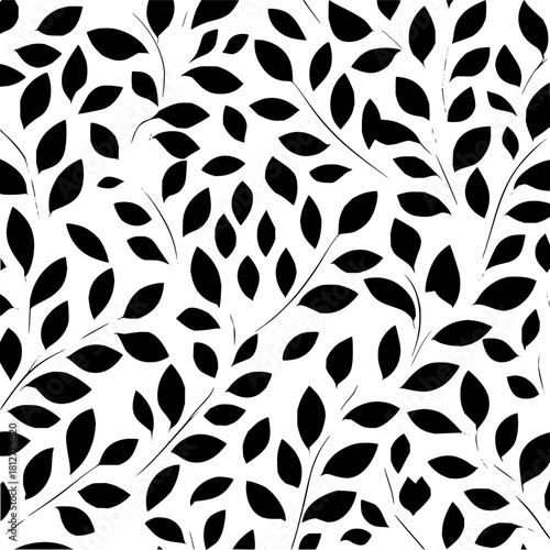 Black and white seamless pattern with stylized leaves and branches creating a dense foliage design