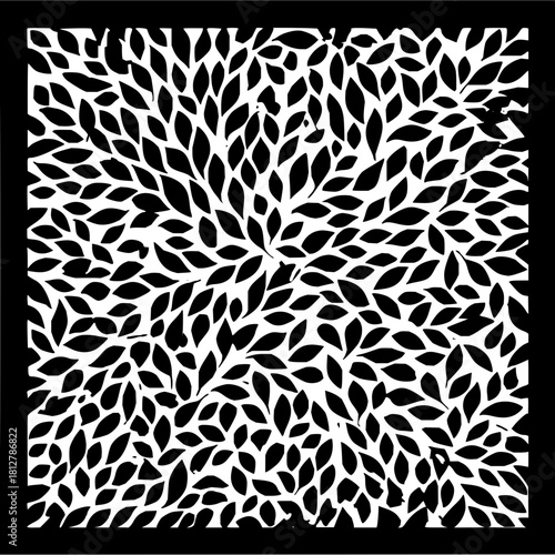 Black and white abstract floral pattern with leaf like shapes radiating from the center in a square frame