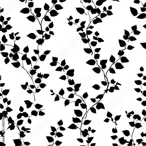 Monochrome pattern of climbing plant stems with leaves on a white background creating a dense texture