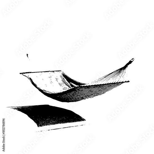 Illustration of a hammock suspended in air with a shadow cast below it on a white background
