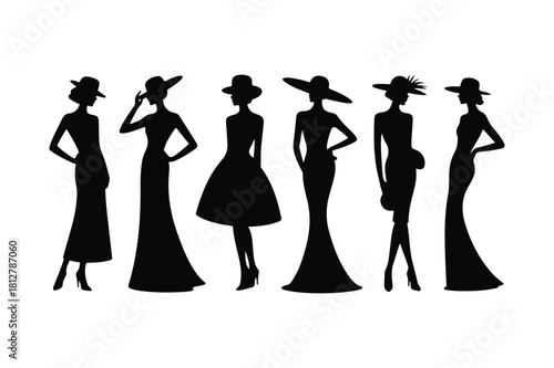 Elegant silhouettes of women in fashionable hats and dresses