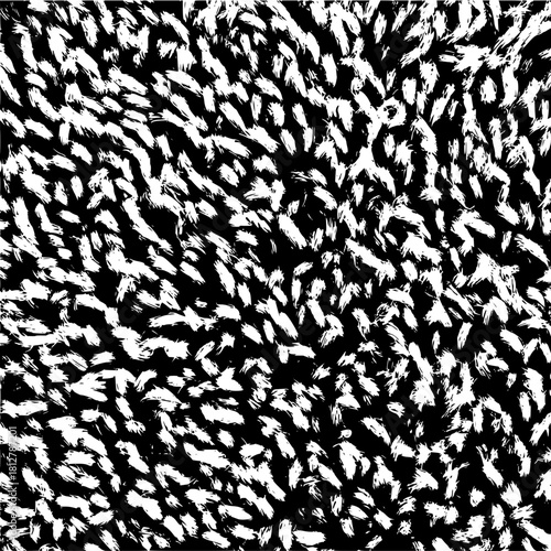 Dense arrangement of short white brushstrokes on a black background creating an abstract visual texture