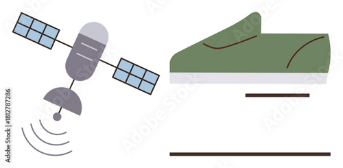 Satellite sending signals juxtaposed with a green sports shoe over motion trails. Ideal for GPS, navigation, fitness tracking, smart wearables, data transmission, technology advancement