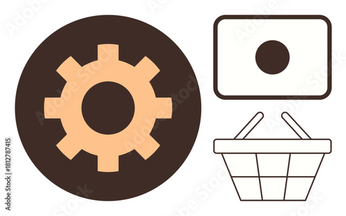 Gear icon, shopping basket, and camera lens shape illustrate technology, commerce, and creativity. Ideal for innovation, e-commerce, photography productivity teamwork solutions and simplicity. A