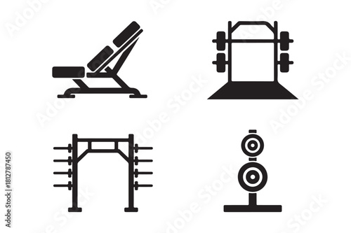 Gym equipment icons featuring weight bench squat rack and barbell storage