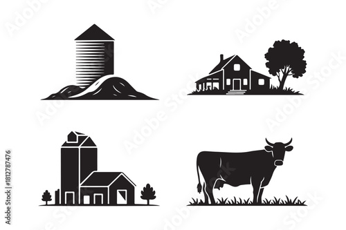 Vintage farm silhouettes featuring barns silo house and cow