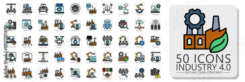 Industry 4.0 lineal color icons pack. contain automation, delivery, digital factory, IOT, green industry, monitoring, process and more. Vector for print, digital UI, UX kit, web and app development.