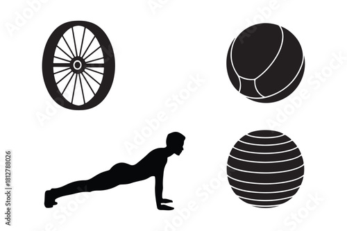 Sports and fitness icons wheel balls and person exercising