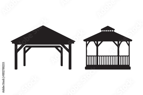 Silhouettes of two distinct outdoor gazebos on a white background