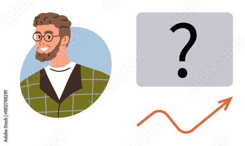 Man wearing glasses with thoughtful expression beside a question mark and upward curve. Ideal for problem-solving, decision-making, growth, strategy, analytics, career planning, simple flat metaphor