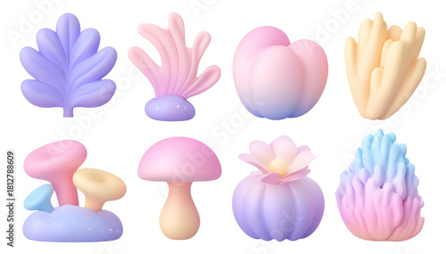 Fototapeta Naklejka Na Ścianę i Meble -  Soft Pastel 3D Garden Sprouts Collection with Isolated Sculpted Elements