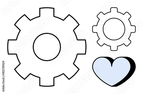 Two gears symbolizing teamwork, efficiency, and mechanism paired with a heart for emotion, balance, and care. Ideal for innovation, collaboration, technology, empathy harmony unity relationships