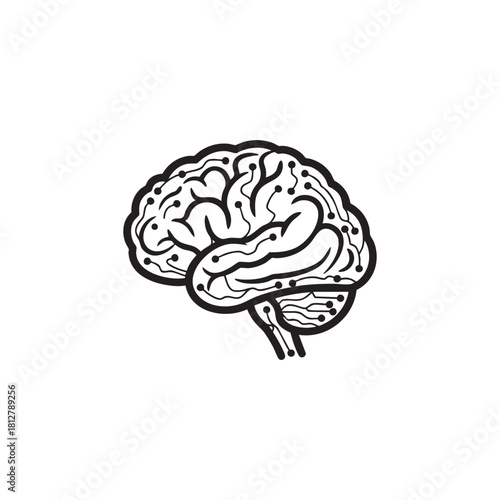 Black and White AI Vector Icon Human Head with Circuit Brain Concept for Technology Machine Learning and Data Science