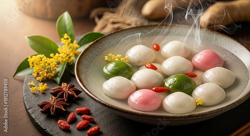 Warm Dongzhi Tangyuan glutinous rice balls steaming in a rustic bowl, adorned with delicate osmanthus flowers, vibrant goji fruit, and fragrant star anise spice,