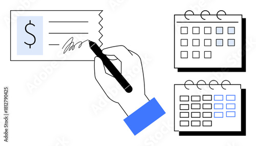 Hand holding pen signing check with financial symbol and two calendars showcasing dates. Ideal for finance, payment planning, deadlines, time management, money, organization, savings. Simple flat