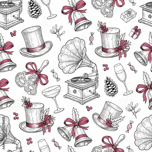 nordic, scandinavian, christmas, holiday, seamless, pattern, vector, SVG, vintage, engraving, style, motifs, wrapping paper, fabric, digital design, winter, festive, traditional, folk art, rustic, coz