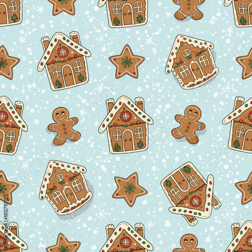 Whimsical Gingerbread Pattern Seamless Cookies & Houses with Painterly Shading - High-Res VectorSVG Tile on Icy Blue (Non-Commercial Use)