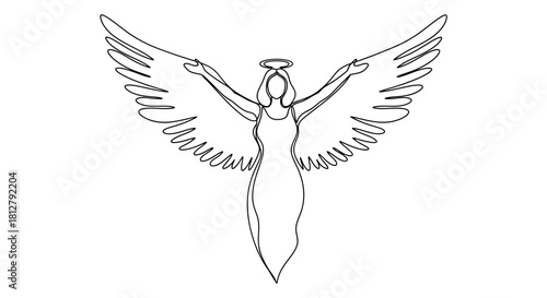 Elegant continuous line drawing of an angel with wings outstretched, symbolizing grace and