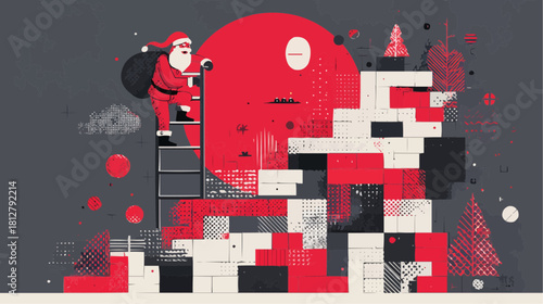 Geometric modern Christmas illustration of Santa climbing a ladder toward an abstract chimney structure, bold red-white-black palette, minimal editorial winter scene