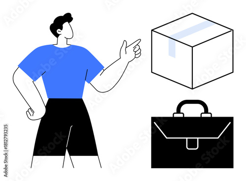 Person gesturing towards a box and a briefcase, symbolizing logistics, business, organization, workflow, entrepreneurship, packaging, consumer services. Ideal for teamwork shipping planning