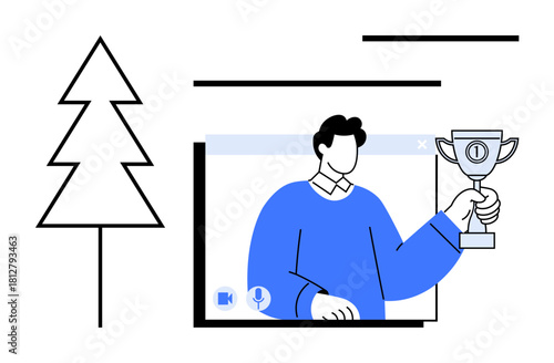 Man displayed on a video call screen holding a trophy, suggesting recognition, achievement, and success in a virtual environment. Ideal for remote work, networking, awards, team celebration, digital