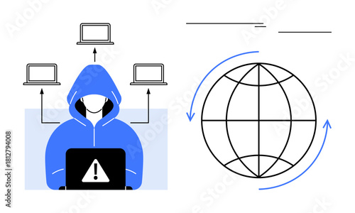 Hacker in a blue hoodie works on a laptop with alert icon, surrounded by computers and global arrows. Ideal for cybersecurity, hacking, data breach, online threats, internet crime, global