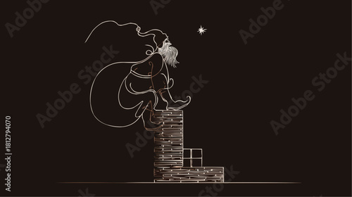 Minimal elegant scene of Santa outlined in a single flowing line as he sits on a chimney at night, soft glow and quiet atmosphere creating a refined Christmas mood for premium seasonal design