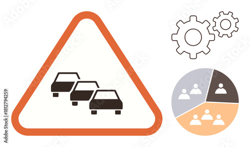 Cars in a warning sign triangle, two gears symbolizing process, pie chart with groups representing teamwork. Ideal for caution, collaboration, teamwork, road safety, system processes, workflow
