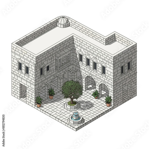 Isometric illustration of a traditional Mediterranean building with courtyard