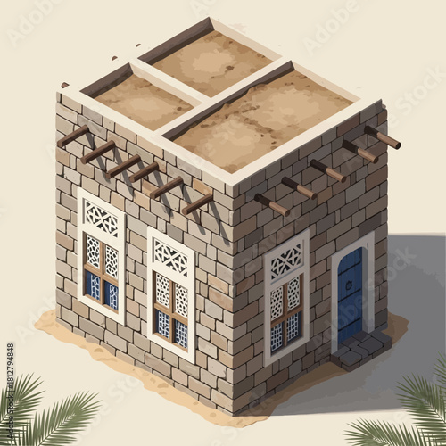 Isometric illustration of a traditional middle eastern building with brickwork