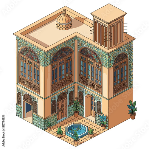 Isometric illustration of a traditional Iranian house with courtyard and windcatcher